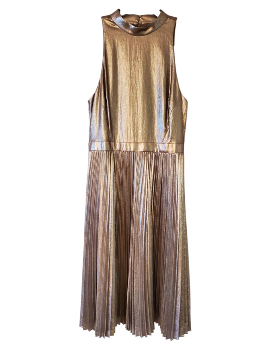 Ann Taylor Size 0 Silver Metallic Mock Neck Pleated Midi Dress Cocktail Holiday